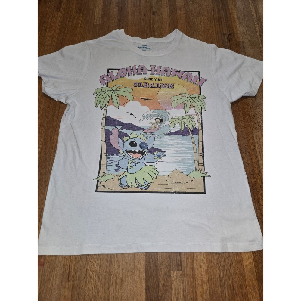 Disney Lilo & Stitch Women Medium White‎ Aloha Hawaii Paradise Graphic T-Shirt